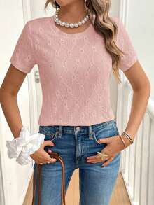 de mujer de manga corta, de cuello redondo, con bordado calado, de unicolor simple, para el verano - Rosa - Ver 4