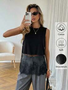 Top de mujer sin mangas de cuello redondo con dobladillo de encaje, primavera/verano - Negro - Ver 1