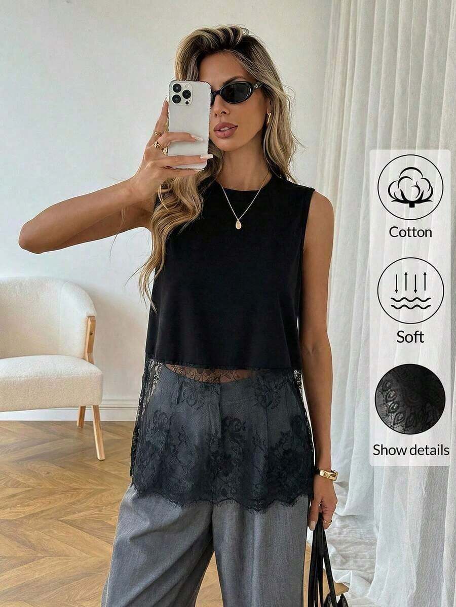 Top de mujer sin mangas de cuello redondo con dobladillo de encaje, primavera/verano - Negro - Ver 1