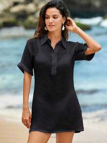 Conjunto de ropa de playa para mujer- Vestido de baño con cuello en V sin mangas como cobertor casual de playa - Negro - Ver 3