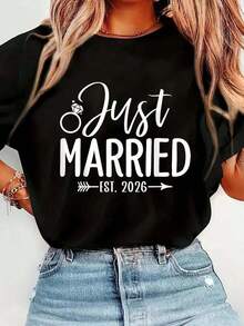 Matching T-Shirt For Newlyweds, Honeymoon, Wedding, Est. 2026, Graphic Print, Plain T-Shirt, Casual Short Sleeve Top For Women For Spring And Summer, Graphic T-Shirts For Women. - 白色 - 查看 6
