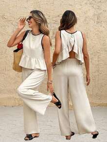 Frenchy Set de 2 piezas de Top sin mangas con cuello redondo y volantes en el dobladillo y pantalones para mujer, ideal para verano - Albaricoque - Ver 10