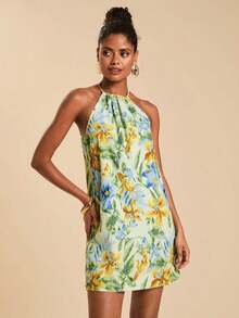 Vestido corto holgado con hombros al descubierto y estampado tejido para mujeres para vacaciones - Multicolor 2 - Ver 4