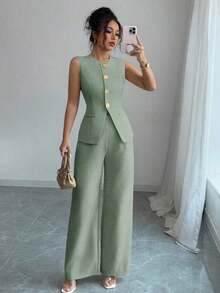 Conjunto de 2 piezas elegante estilo francés con botón con diseño de flor para tiempo libre/commuter para mujer - Verde 3 - Ver 7