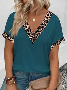 Selamara Camiseta casual y versátil con estampado de leopardo para mujer de talla grande, nueva llegada de primavera/verano - Agua verde azul - Ver 6