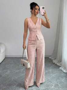 Nuevo traje de encaje casual y elegante para mujer, con contraste de color de encaje y botones de perla, adecuado para el Día de San Valentín, Halloween, vuelta al colegio, primavera/verano, traje de oficina profesional, atuendo de maestra, trayec - Rosa - Ver 6