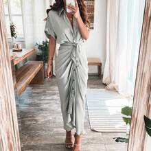Elegant Women's Spring Shirt Dress, Sensual Print, With Adjustable Ties, Refined Style - 灰色 - 查看 3