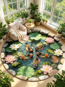 1pc Realistic 3D Water Ripple Koi Pond Circular Carpet, New Chinese Style Lotus Pond Moonlight Healing Home Decor Mat, Suitable For Game Room/Bedroom/Living Room/Kitchen, Great Gift For Partner, Friends, Family - Multicolor - View 6