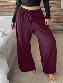 Plus Pantalones de pijama de pierna recta con cintura elástica y cordón para mujer de talla grande, pantalones de estar por casa de unicolor, para otoño e invierno - Burdeos - Ver 10