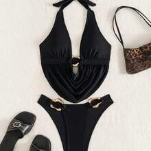Bonvoyette Women's Deep V-Neck Black Casual Beach Vacation Top And Solid Color High-Cut Bikini Bottom 2-Piece Swimwear Set, Summer Yellow Two Piece Set Bikini Yellow Two Piece Swimsuit Zestiva Swimsuit Zante Holiday Outfit - Burdeos - Ver 6