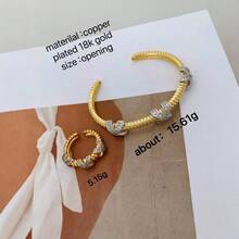 1 pieza/Set Brazalete de estilo diamante de color dorado, diseño de arte metálico, conjunto de pulsera y anillo cruzado de alta calidad con micro-incrustaciones, adecuado para el Día de la Madre, San Valentín, uso diario - Dorado - Ver 5