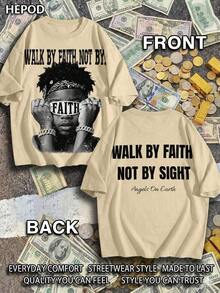 Premium Casual Unisex T-Shirts, Graphic Tees For Men, Urban Style Cotton T-Shirt, Round Neck, Loose Fit, For Autumn Travel And Holidays, Unisex, Gothic And Y2K Style, Print "Walk By Faith, Not By Sight". - 杏子 4 - 查看 1