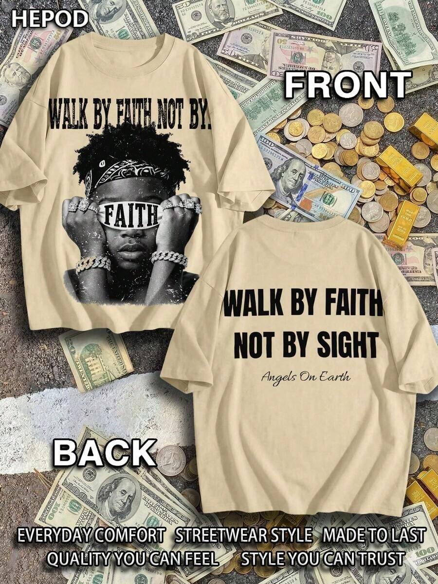 Premium Casual Unisex T-Shirts, Graphic Tees For Men, Urban Style Cotton T-Shirt, Round Neck, Loose Fit, For Autumn Travel And Holidays, Unisex, Gothic And Y2K Style, Print "Walk By Faith, Not By Sight". - 杏子 4 - 查看 1