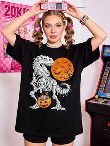 Women's Soft Casual Crew Neck Short Sleeve T-Shirt, Halloween Jack-O'-Lantern, Tyrannosaurus Rex, Christmas Candy, Trick Or Treat, Western Holiday, Street, Home, Halloween Skeleton T-Shirt With Pumpkin Candy Bucket. - 黑色 - 查看 1