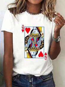 1 Piece New Summer Casual Fashion 2026, Local Shipping, Graphic Tees, Women's Casual T-Shirt With Poker Queen Print, Spring And Summer For New Year's Clothing, Graphic Tees, Women's Tops, 100% Cotton, 180g 100% Cotton - 白色 - 查看 1