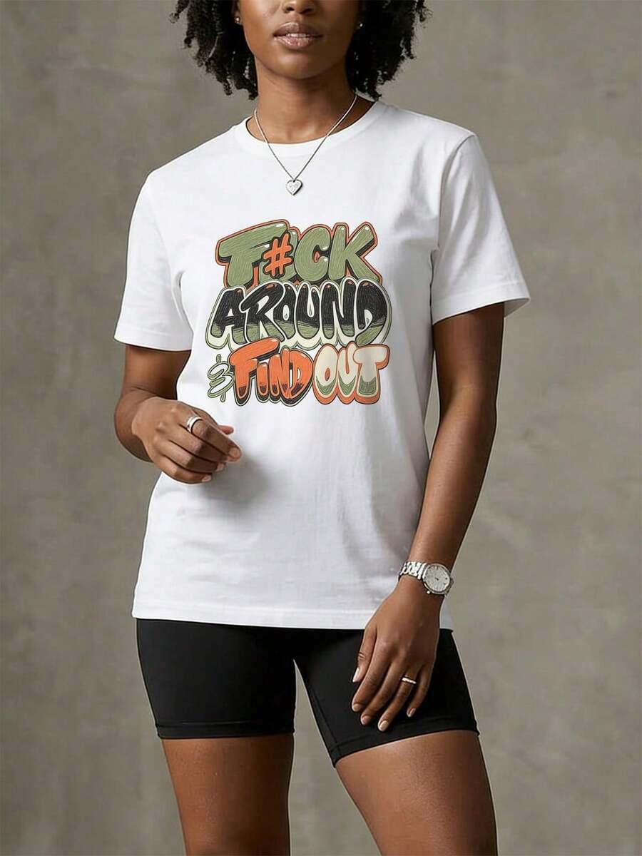Women's Soft And Casual Short-Sleeved T-Shirt With A Round Neck, Retro Style With Urban Graffiti Letter Print. White. - 白色 - 查看 1