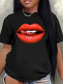 Camiseta de manga corta de poliéster, adornada con un llamativo estampado de labios rojos, ligera y duradera, adecuada para uso casual en restaurantes o en casa, cómoda y ajustada para el uso diario, con un diseño elegante, perfecta para complementar los atuendos femeninos. camisas de mujer - Negro - Ver 7