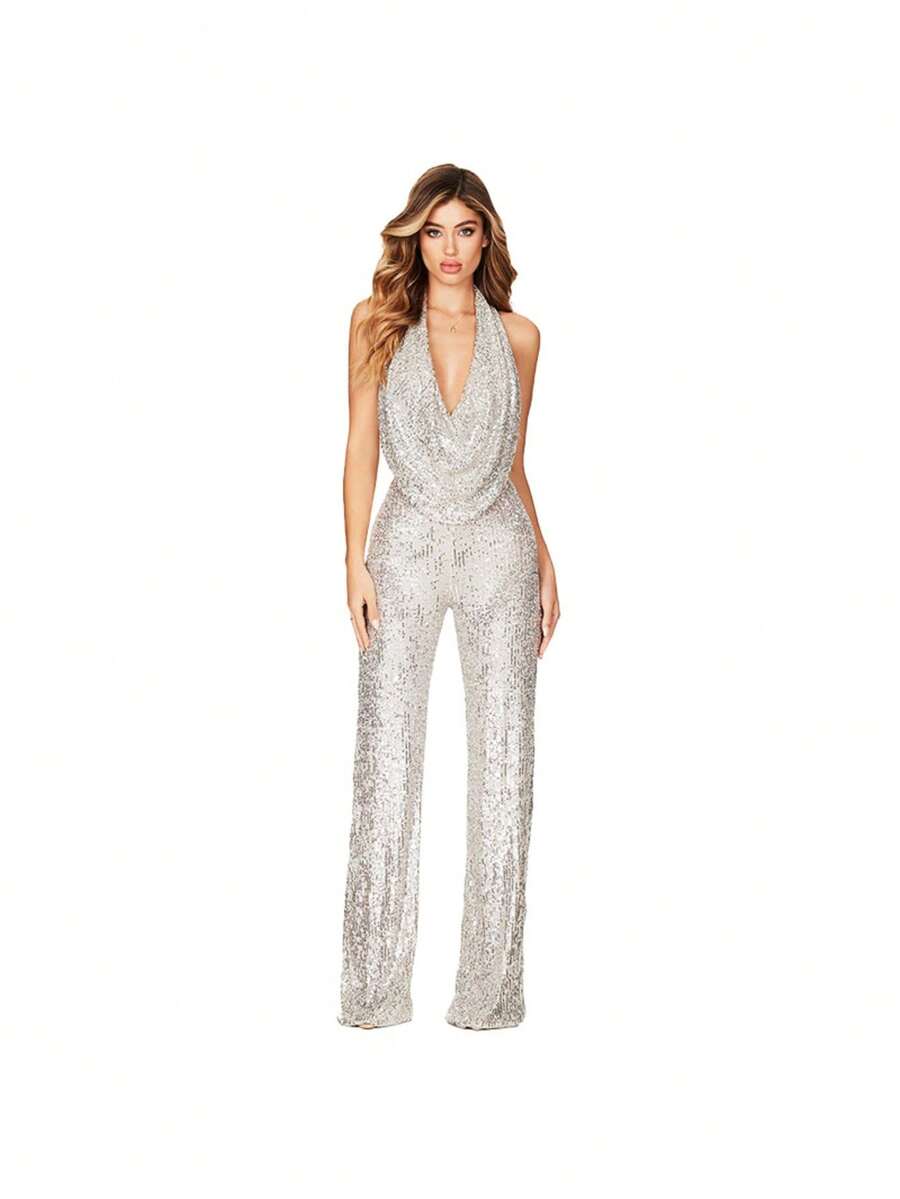 Monocromático dorado con lentejuelas, escote halter en V profundo, diseño de piernas anchas sin mangas, tejido brillante elástico ideal para fiestas nocturnas, eventos festivos y invierno, estilo sexy glamoroso perfecto para cenas elegantes y celebraciones - blanco plateado - Ver 1