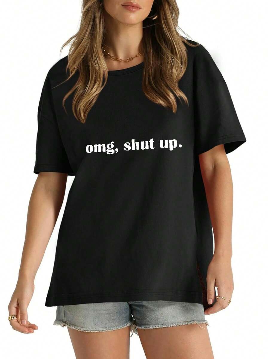 Cozy Comfy Lounge Plus Size - Camisa de manga corta estampada en negro para mujer, top casual de cuello redondo, adecuada para primavera y otoño, ropa - Negro - Ver 1