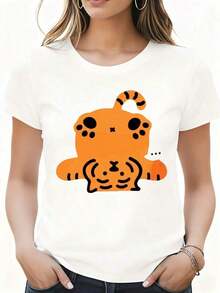 Camiseta con Estampado de Tigre Adorable, Diseño de Tigre Blanco de Dibujos Animados para Uso Casual, Hogar, Viajes, Festivales y Fiestas - Blanco - Ver 3