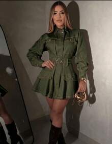 Women's Short Tailored Dress With Long Sleeves And Belt, Elegant Winter Dress For Saint John's Day Parties - 軍綠色 - 查看 2