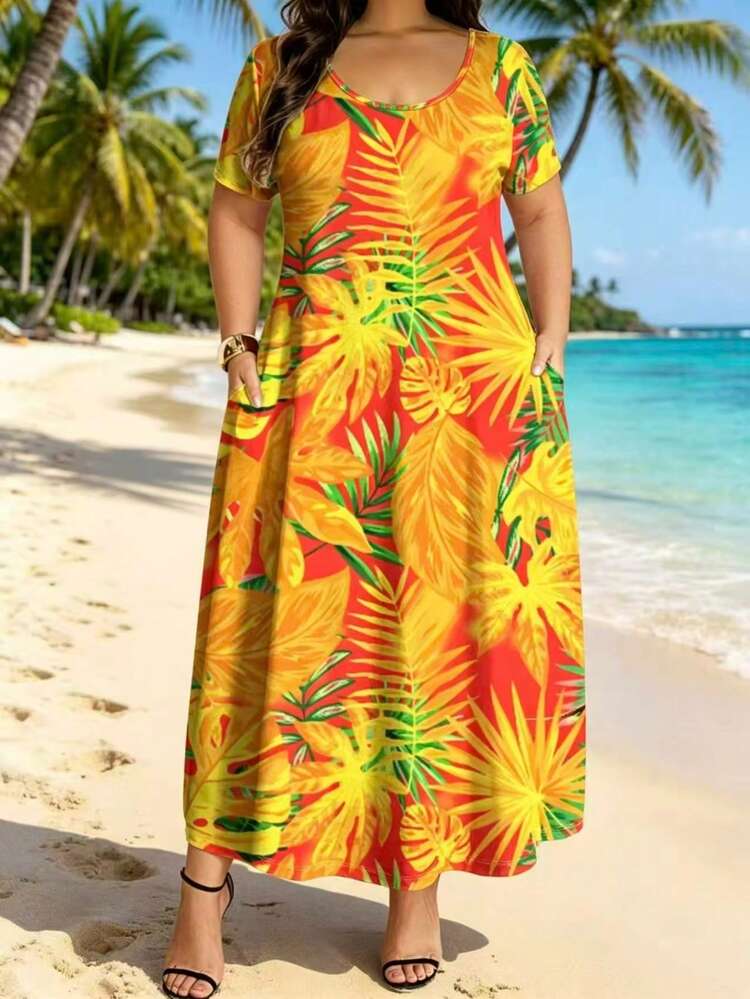 plus size maxi dresses for summer Women's Casual Tropical Plant Print Round Neck Short Sleeve Dress, Loose Fit Slimming, Versatile Wear Elegant Vacation Soft Chiffon V-Neck A-Line Color:Outfit W26 Floral maxi adjustable straps