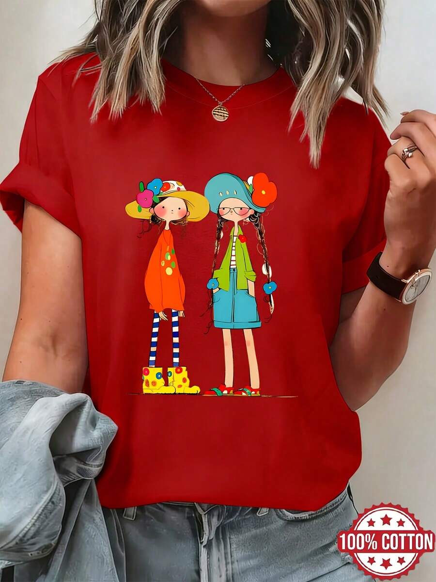 Camiseta de algodón con estampado floral suave para niñas, blusa de verano de manga corta 100% algodón con cuello redondo, linda y juvenil, transpirable para primavera/verano/otoño, adecuada para atuendos casuales y deportivos, blusa de algodón puro de manga corta con cuello redondo para mujer, blusas elegantes para mujer. - Rojo - Ver 1