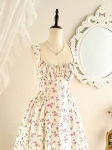 Women's Elegant Vintage Dress With Pockets, Featuring A Ruched Bodysuit With A Tiny Floral Print, Spaghetti Straps, And A Casual Design Suitable For Parties, Vacations, Summer Wear, Prom, Birthdays, Weddings, As A Wedding Guest Dress, Or A Spring Dress. - 紅色 - 查看 6