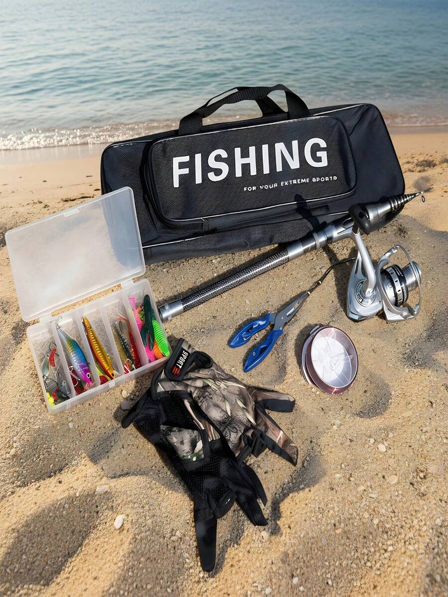 GOTURE 1set Fishing Rod, Reel, And Glove Set Including A Saltwater Long-Casting Lure Rod-Reel Combo, Retractable Spinning Rod, Quick-Drying Half-Finger Fishing Gloves With Three-Finger Open Design, And A Randomly Colored Lure Set In The Rod-Reel Combo. - Multicolor - View 1