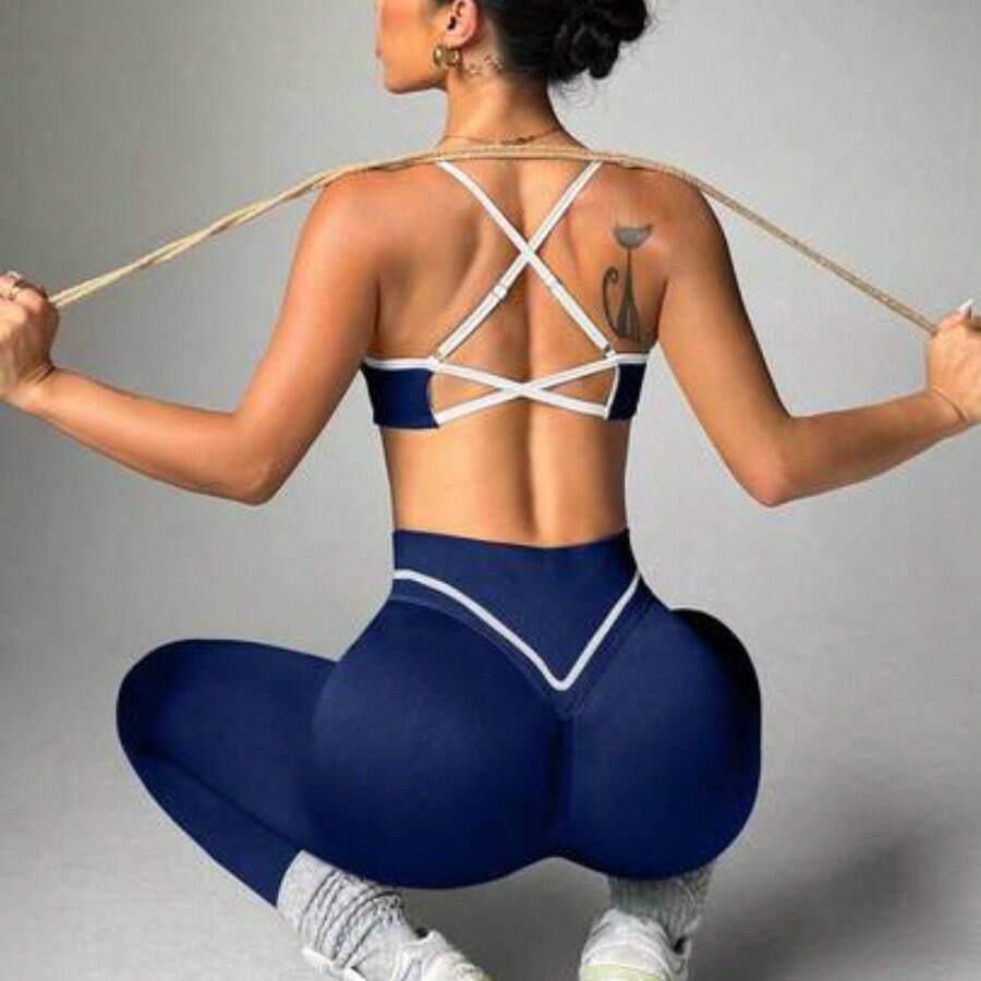 Slayform Seamless High Elasticity Women's Colorblock Backless Sleeveless Top And High Waist Long Pants Sports Suit Workout Sets - Azul Marino - Ver 1
