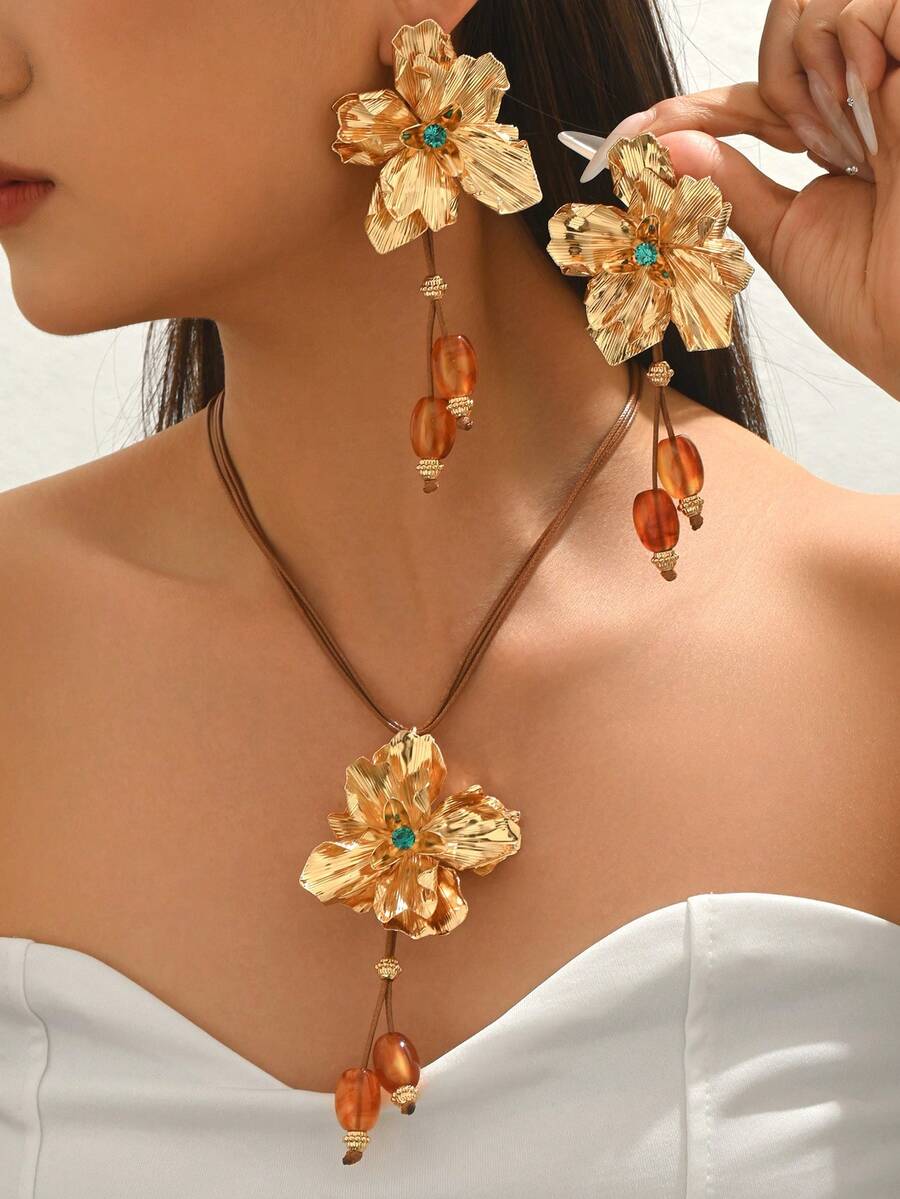 3pcs/Set Summer Fashion Bohemian Colorful Hollow Flower Necklace + Earrings Jewelry Set For Women, Suitable For Casual, Beach, Date, Party, Gift - Brown - View 1