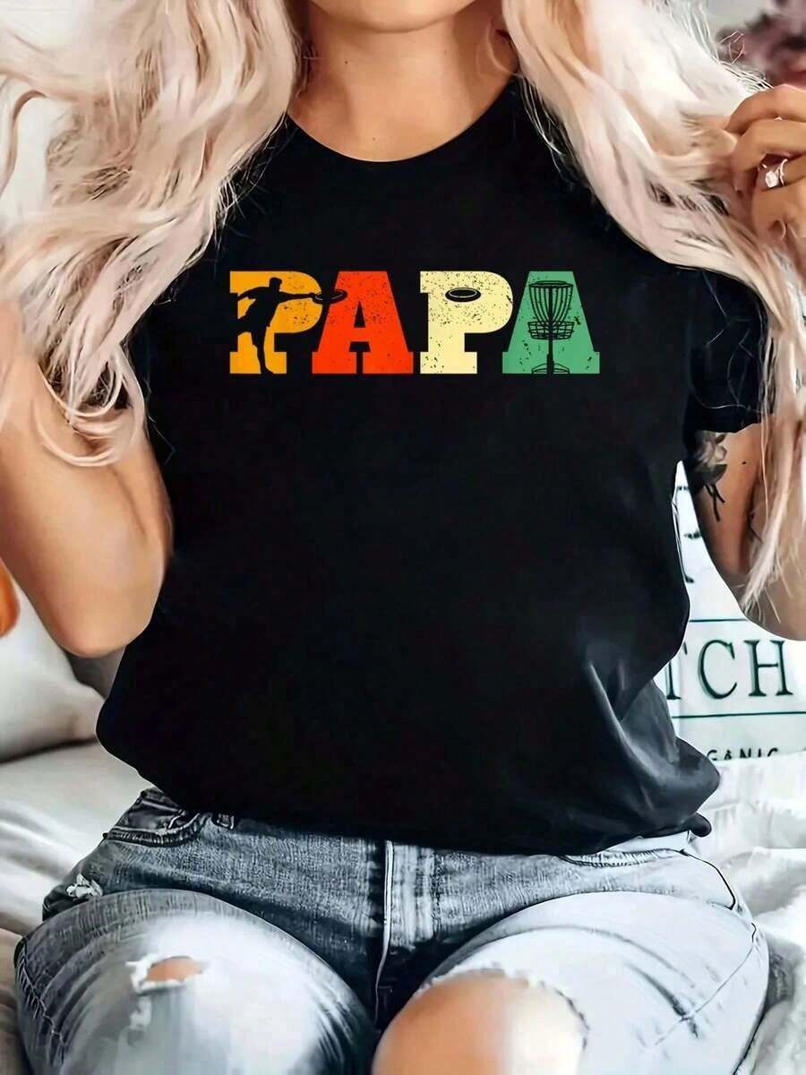 T-Shirt With "Disc Golf Lover Dad, Golfing Dad, Gift For Father" Print, Casual Short Sleeve Crew Neck Sports T-Shirt, Comfortable For Spring And Summer, Women's Clothing - 黑色 - 查看 1