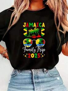 Jamaica Family Trip 2025 Print T-Shirt, Casual Round Neck Short Sleeve T-Shirt, Comfortable For Spring And Summer, Women's Clothing - 黑色 - 查看 6