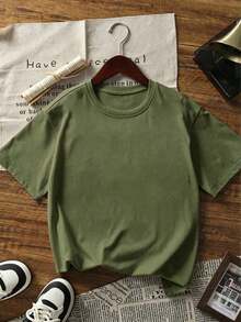 Women's Casual White T-Shirt With Sakura Graphic Print, Short Sleeve With Drop Shoulders, Round Neck, Medium Elasticity Knit Fabric For Spring Fashion - 軍綠色 - View 4