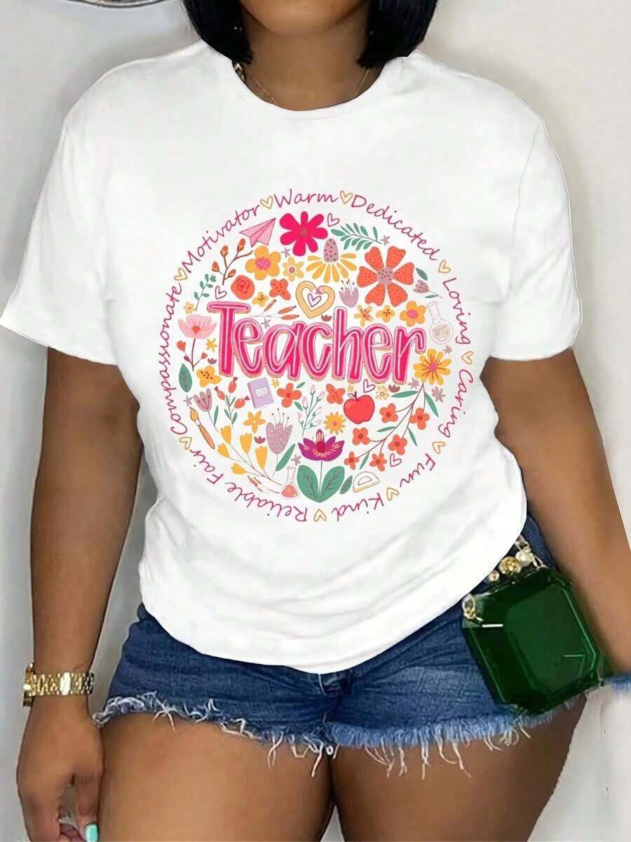 Women's Short-Sleeved T-Shirt, Soft And Breathable, 100% Cotton - Graphic Print With Teacher Theme, Casual Round Neck Top For Back To School Season, Versatile T-Shirt For Educators And Mothers, Teacher T-Shirt. - 白色 - 查看 1