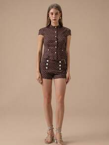 HZXVIC Damen neuer süßer Polka Dot Kurzarm Knopfoberteil + Polka Dot Shorts mit hoher Taille Set, elegant für den Sommer - Braun - Übersicht 5