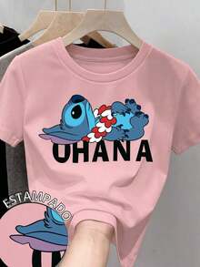 Women's 100% Cotton T-Shirt With Round Neck And Short Sleeves. Original Lilo & Stitch Movie Print. OhanaPure-Cotton - 紅色 - 查看 6