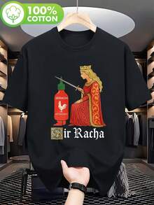 Camiseta de verano para hombre, estilo urbano, camiseta gráfica humorística de Sir Racha con diseño de salsa de chile tailandesa picante y una botella de Sriracha, adornada con caligrafía tailandesa. Esta camisa negra de talla grande es perfecta para salidas informales. - Negro - Ver 1