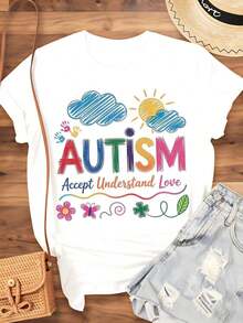 Women's Cotton T-Shirts, Autism Awareness T-Shirt, Colorful Accept, Understand And Love Design For Autism Support And Promotion, Perfect For Autism Awareness Month And Special Needs Events, Women's Basic Blouses. - 白色 - 查看 3