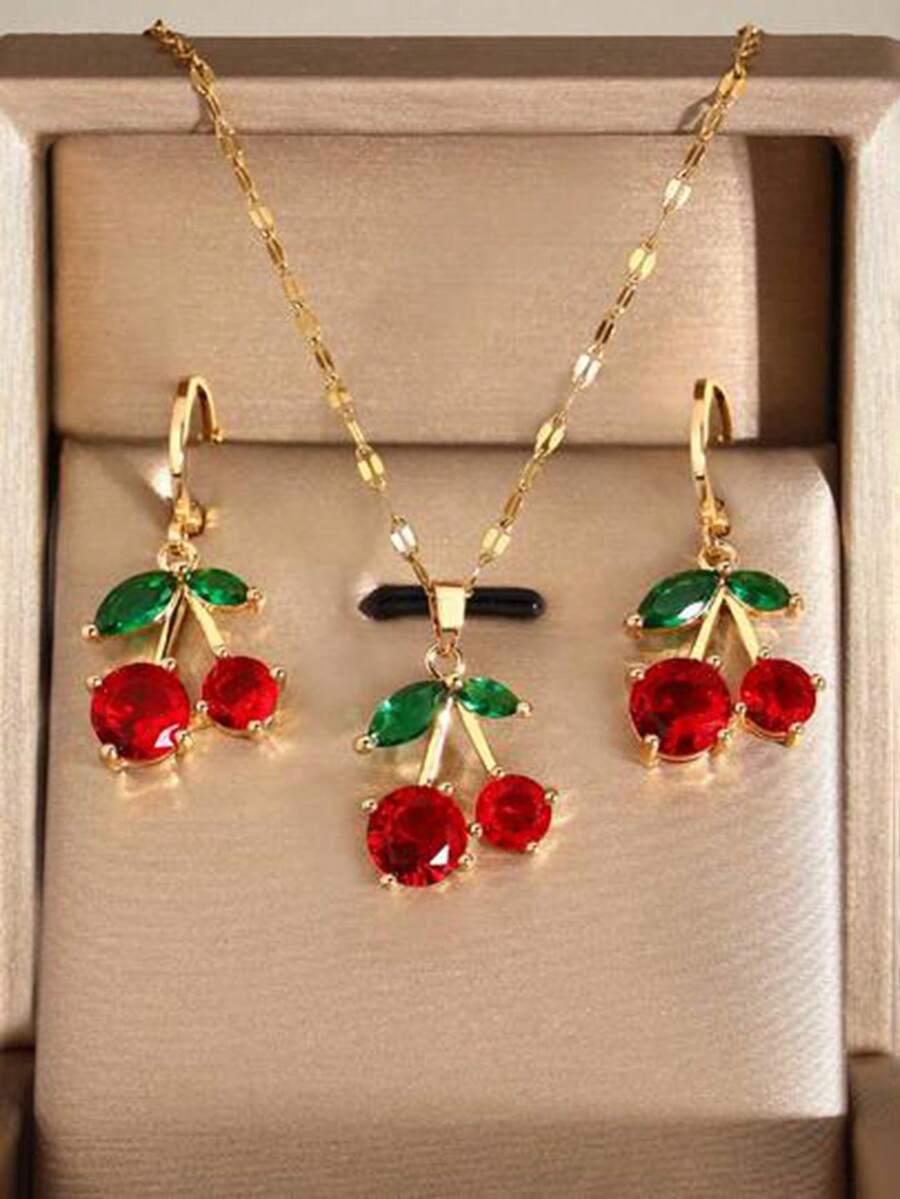 3pcs/Set Cherry Pendant Necklace & Earrings Set, Holiday Gift For Friends & Girlfriends (Excluding Gift Box) - Style 3 - View 1
