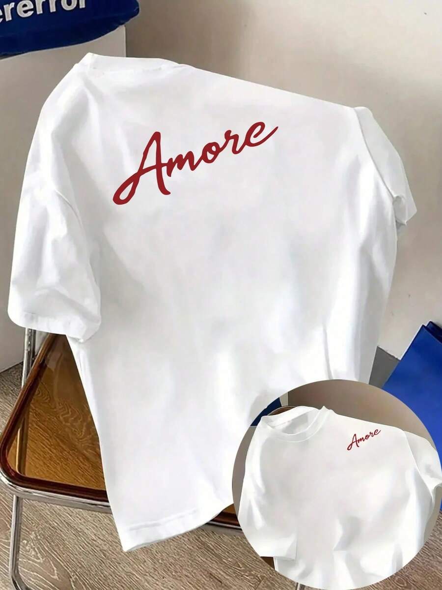 New Men's Fashion T-Shirt, 180g Weight, % Cotton, With Double-Sided Amore Print Design, For Casual Wear At Home And Outdoor Fitness Activities, A Popular And Essential Style For Men, With Design On The Front And Back - Suitable For Layering In Spring And Autumn And As A Single Garment In Summer, Unisex Style. - 白色 - 查看 1
