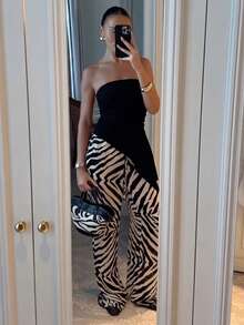 Atasan Rajut Tanpa Tali dengan Hem Asimetris dan Celana Panjang Longgar Motif Garis Zebra dengan Kantong dan Tali Dekoratif, Koleksi Musim Semi/Panas Wanita 2026, Ke-4 dari Koleksi Elegan - Hitam - View 2