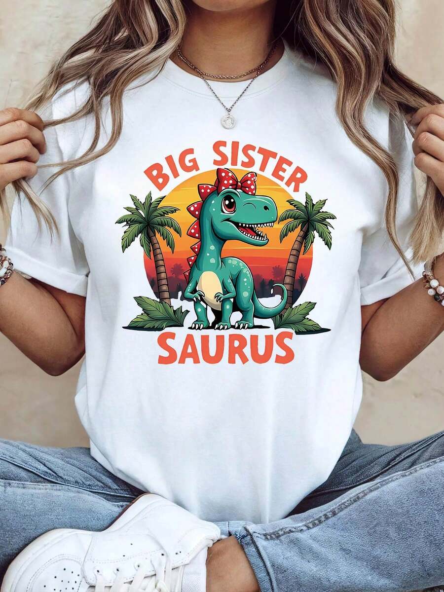 Women's T-Shirt With BIG SISTER SAURUS Dinosaur And Palm Tree Print, Suitable For Family Gatherings And A Sister's Birthday, Cute And Fun Style, Short Sleeve, Urban Style For Everyday Wear - Unisex Loose Cotton T-Shirt With Short Sleeves And Round Neck, Vintage Urban Style. - 白色 - 查看 1
