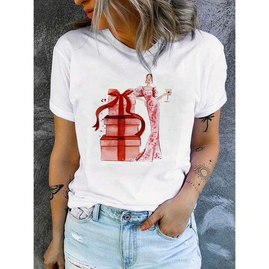 Women's Printed T-Shirt, Formal Style, Souvenirs, Women's Blouses, Loungewear, Comfortable, Size, Everyday Wear, Urban Vintage Style, Unisex, Loose Fit, Cotton, Short Sleeve, Round Neck. - 白色 - 查看 1