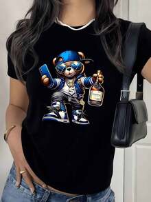 100% Cotton. Bear With Blue Cap, Sunglasses, Gold Chain, Bottle In Hand, And Urban Attitude Symbolizes Modern Confidence. Women's T-Shirt, 100% Soft And Comfortable Cotton. Women's Simple Solid Color T-Shirt, Loose And Slim Fit Casual Short Sleeve - 黑色 - 查看 1
