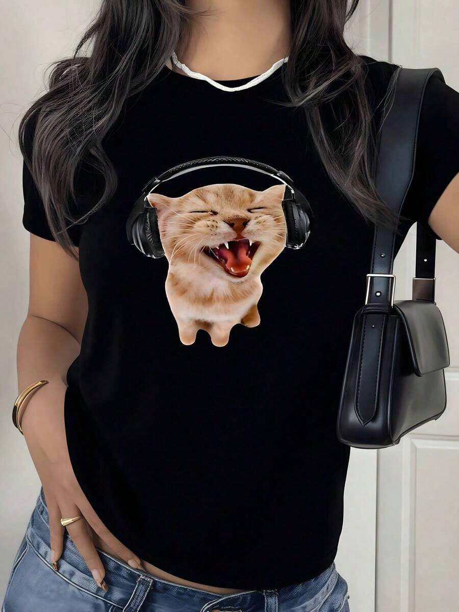 100% Cotton. Smiling Cat With Headphones Symbolizing Love For Music And Positive Energy. Women's T-Shirt. 100% Cotton, Comfortable And Casual. Women's Simple Solid Color T-Shirt, Loose And Slim Fit Casual Short Sleeve - 黑色 - 查看 1