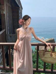 New Women's Long Summer Dress, Pink, 'pure And Sexy' Style, Elegant And Sophisticated, Holiday, Exclusive, Designer, Halter Neck, Flattering, Perfect For Vacation, Beach And Fairy Looks - 粉色 - 查看 7
