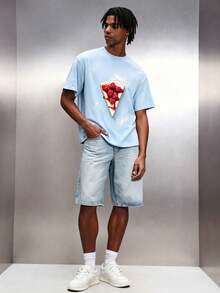 Men's Light Blue Raspberry Cheesecake Print T-Shirt, Casual Crew Neck Short Sleeve Street Style T-Shirt - Baby Blue - View 3