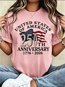 American Independence 250th Anniversary Patriotic Theme Women's T-Shirt - 1776-2026 Independence Day Design, Featuring The American Flag And The Words - 粉色 - 查看 11