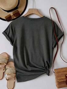 Women's Casual Short Sleeve T-Shirt, Round Neck, Drop Shoulders, With Leopard Heart Print, Regular Length - Dark Grey - View 3